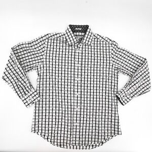 Bugatchi Shirt Mens Medium Black White Plaid Shaped Fit Long Sleeve Button‎ Up